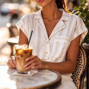 Free People Linen Blend Striped Play it Cool Peplum Top